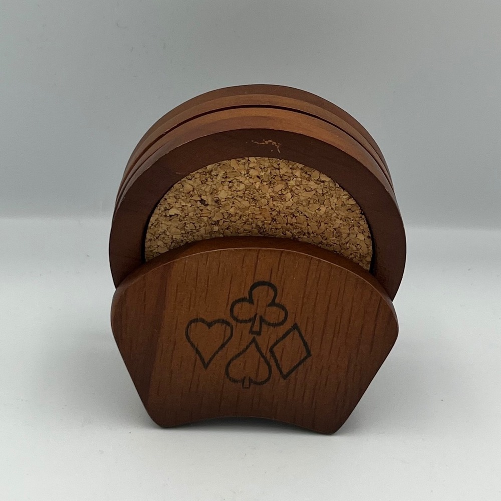 Vintage Milbern Taiwan Wood & Cork‎ Coasters Set With Holder Card Suits Design